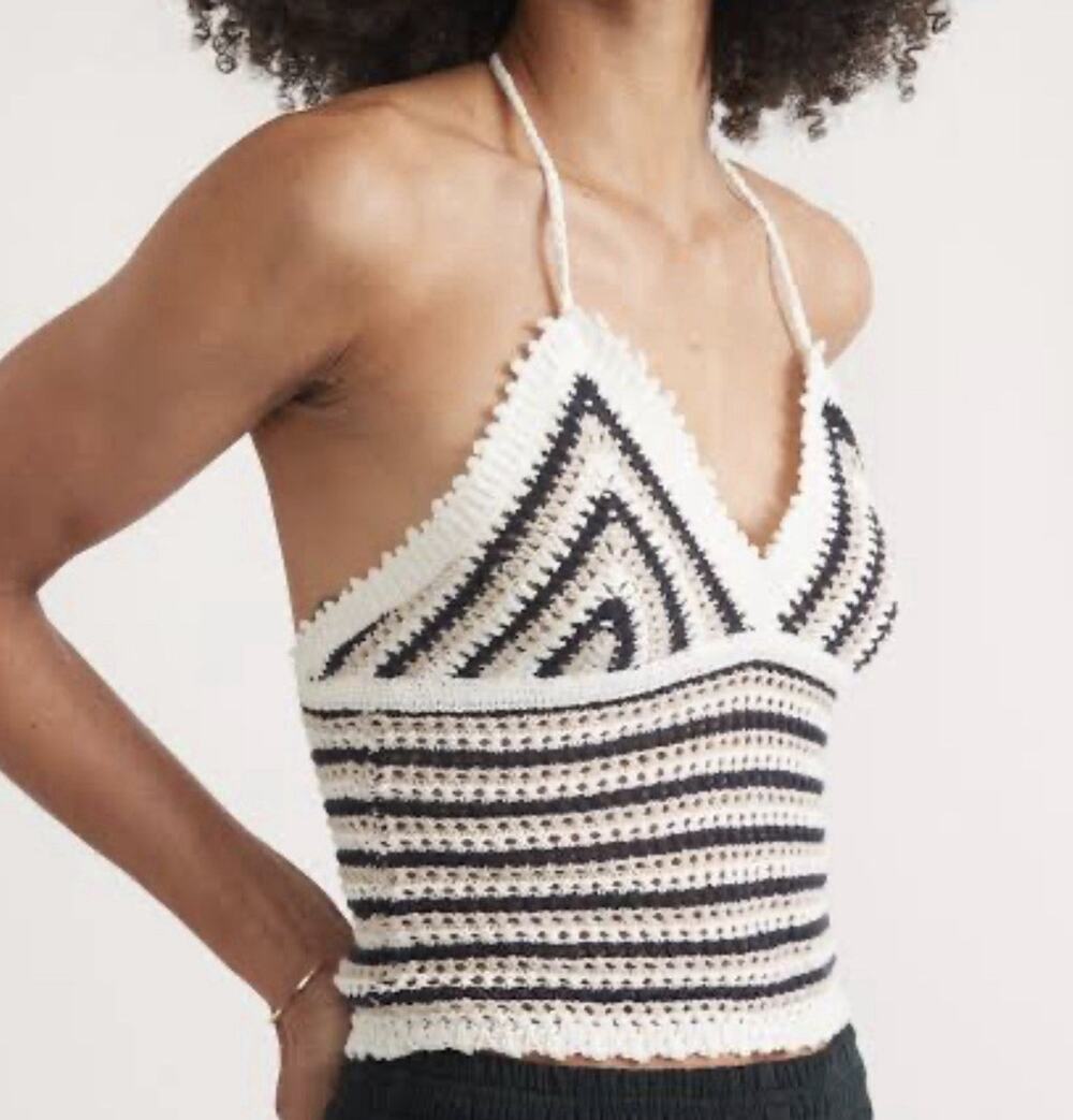 Marine Layer Archive Mia Crochet Halter Crop Top Size XS Black Cream Boho Beachy